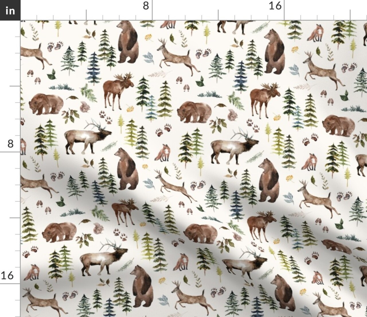 Watercolor Forest Green Trees Bear Elk Fox Deer Moose Gender Neutral Animals Custom Printed Fabric by Spoonflower Various Fabrics by the Yard or Fat Quarter